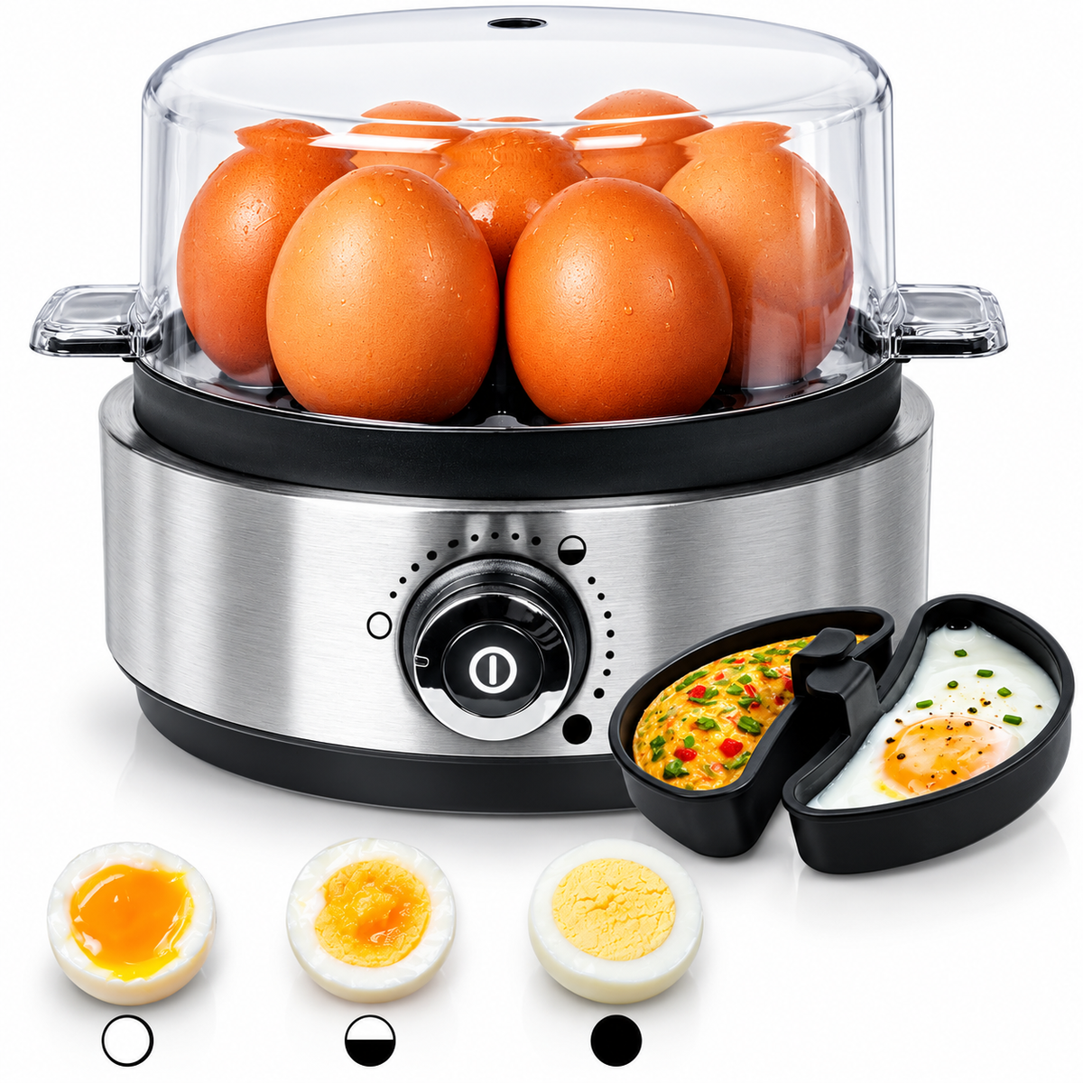 Duronic EB40 BK Cuociuova elettrico, 400W Cuoci uova fino a 7 uova, Bollitore uova per uova Sode Medie Alla coque Cuocitore di Uova, 2 vassoi per Frittata e uovo in camicia, Omelet maker Egg cooker