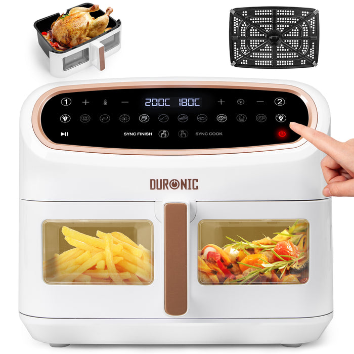 Duronic AF34 WG Friggitrice ad Aria extra grande, Air Fryer 2400W, 2 cestelli da 5L e 1 Cestello da 10L, Friggitrice senza olio 10in1, Friggitrice ad aria calda con finestra di controllo, Friggitrice