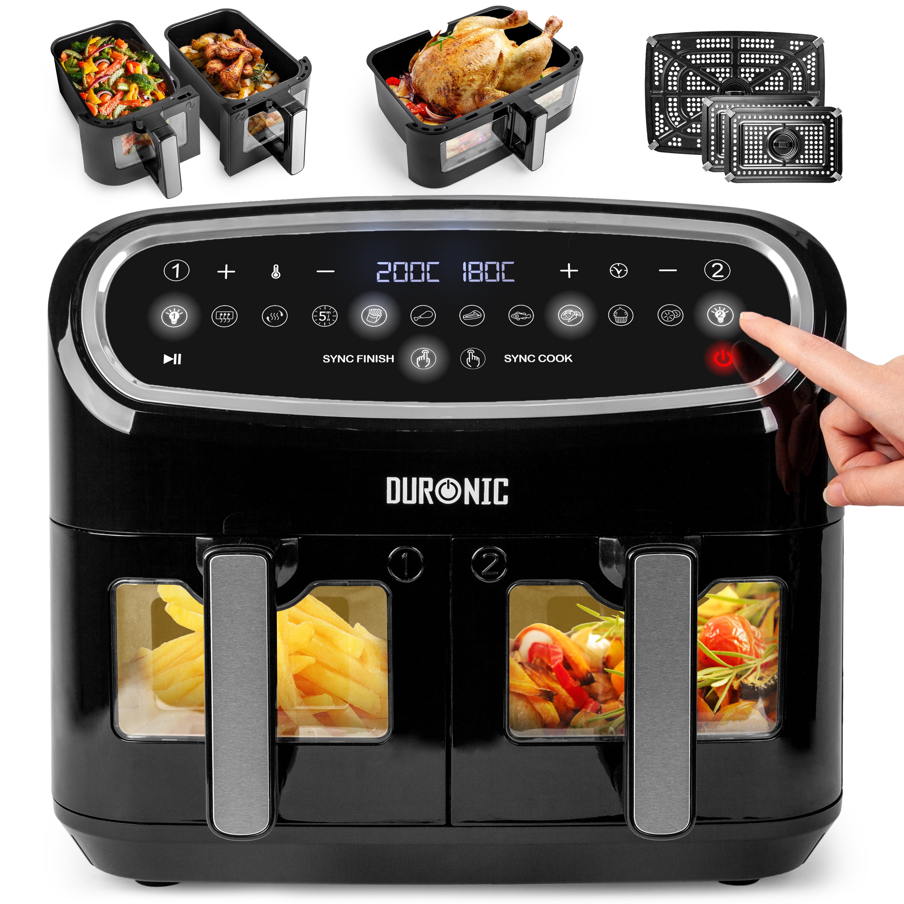 Duronic AF34 BK Friggitrice ad Aria XXL, Air Fryer 2400W Compatta, 2 cestelli da 5L e 1 Cestello da 10L, Friggitrice senza olio 10 in 1, Friggitrice ad aria calda con finestra di controllo