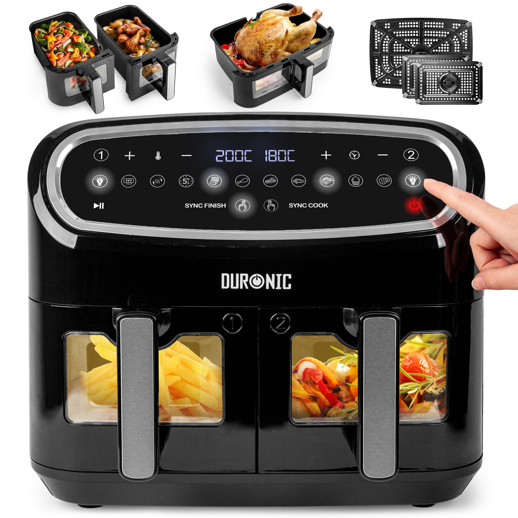 Duronic AF34 BK Friggitrice ad Aria XXL, Air Fryer 2400W Compatta, 2 cestelli da 5L e 1 Cestello da 10L, Friggitrice senza olio 10 in 1, Friggitrice ad aria calda con finestra di controllo
