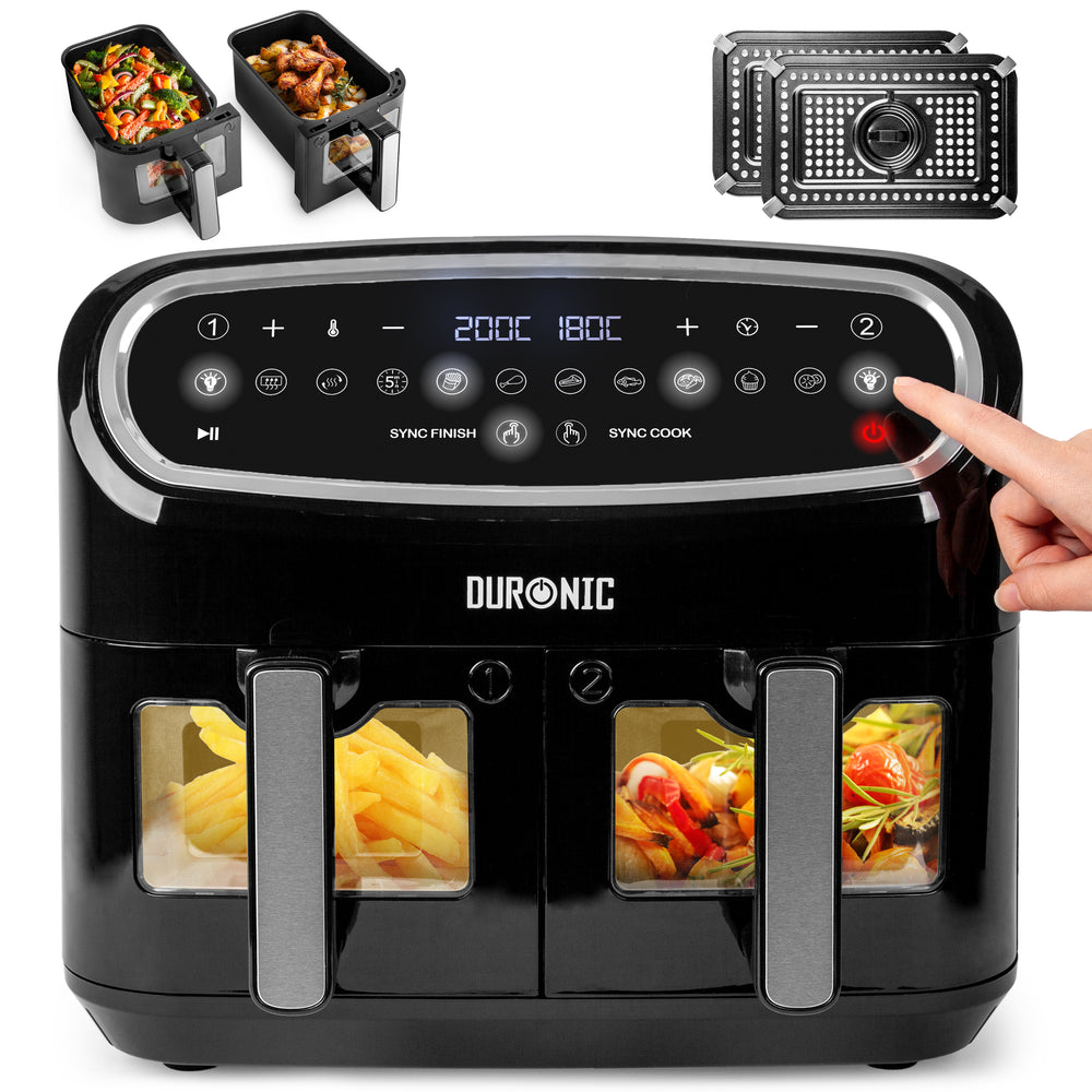 Duronic AF24 Friggitrice ad Aria XXL, Air Fryer 2400W Compatta, 2 cestelli 5L, Friggitrice senza olio 10in1, Friggitrice ad aria calda con finestra di controllo, Per patatine fritte, polpette, pesce