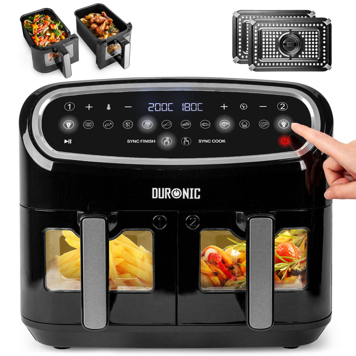Duronic AF24 Friggitrice ad Aria XXL, Air Fryer 2400W Compatta, 2 cestelli 5L, Friggitrice senza olio 10in1, Friggitrice ad aria calda con finestra di controllo, Per patatine fritte, polpette, pesce