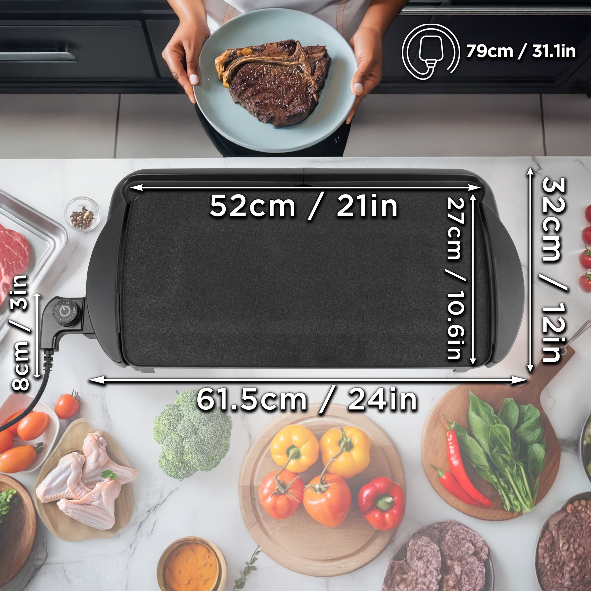 Duronic GP20 Grill Teppanyaki Elettrico, Piastra elettrica 2000W, Superficie cottura 52 x 27 cm, Plancha griglia antiaderente, per Cucina Interna ed Esterna, termostato