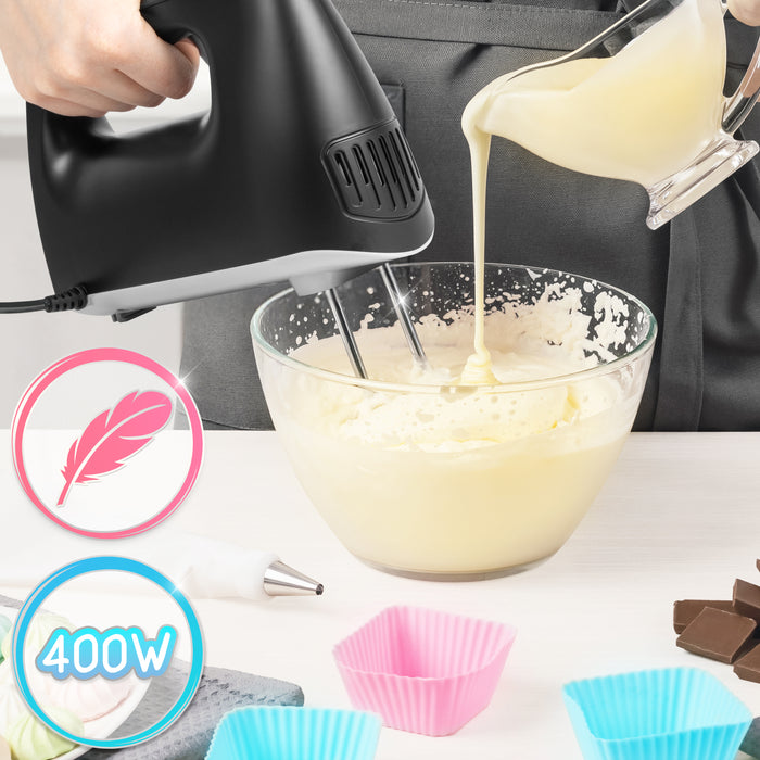 Duronic HM4 BK Sbattitore elettrico 400 W, Mixer 5 velocità e funzione turbo, Frusta elettrica con contenitore per accessori, 2 sbattitori 2 ganci e 1 frusta in acciaio INOX, Nero, Leggero