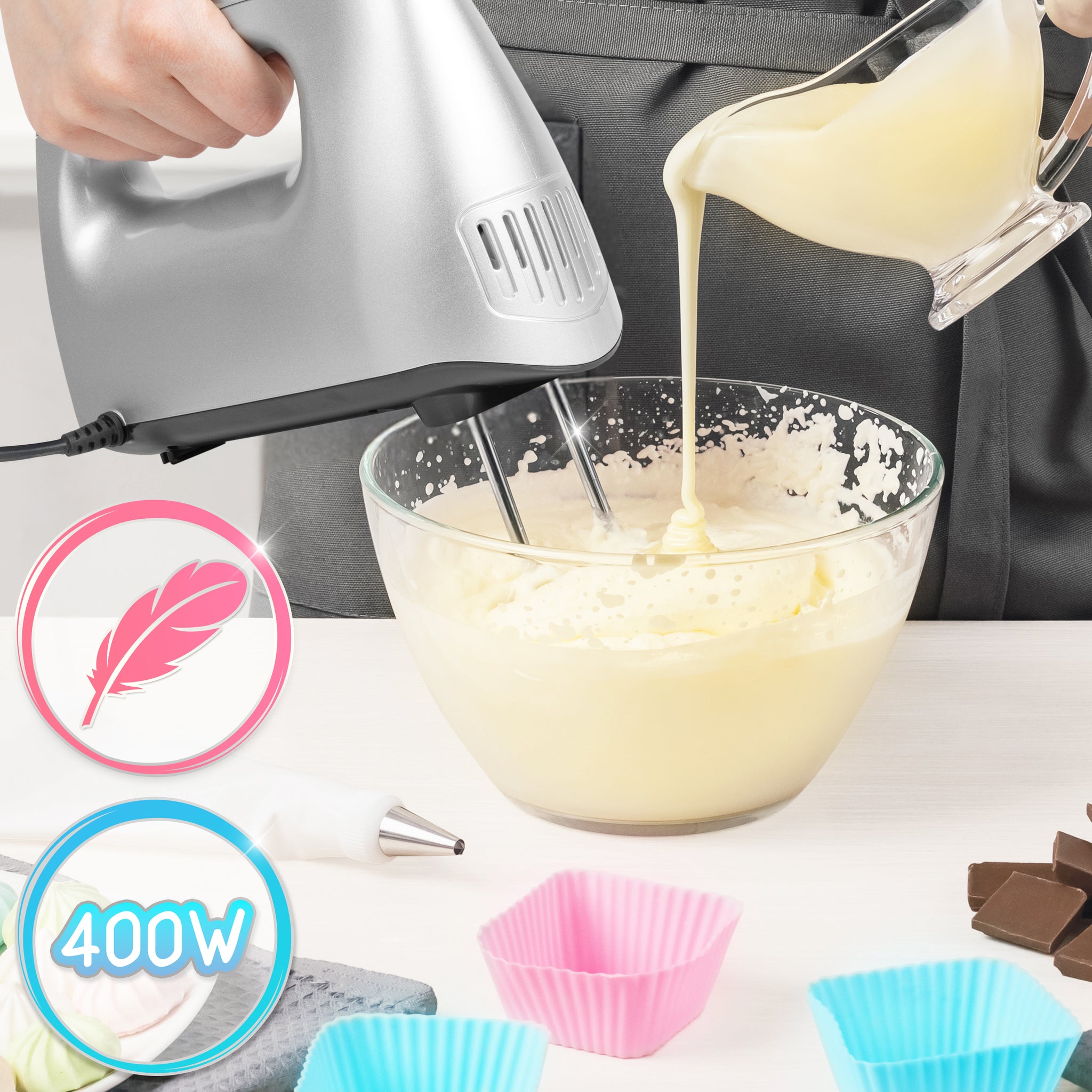 Duronic HM4 SR Sbattitore elettrico 400 W, Mixer 5 velocità e funzione turbo, Frusta elettrica con contenitore per accessori, 2 sbattitori 2 ganci e 1 frusta in acciaio INOX, Nero, Leggero