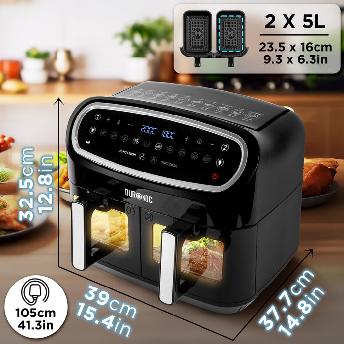 Duronic AF24 Friggitrice ad Aria XXL, Air Fryer 2400W Compatta, 2 cestelli 5L, Friggitrice senza olio 10in1, Friggitrice ad aria calda con finestra di controllo, Per patatine fritte, polpette, pesce