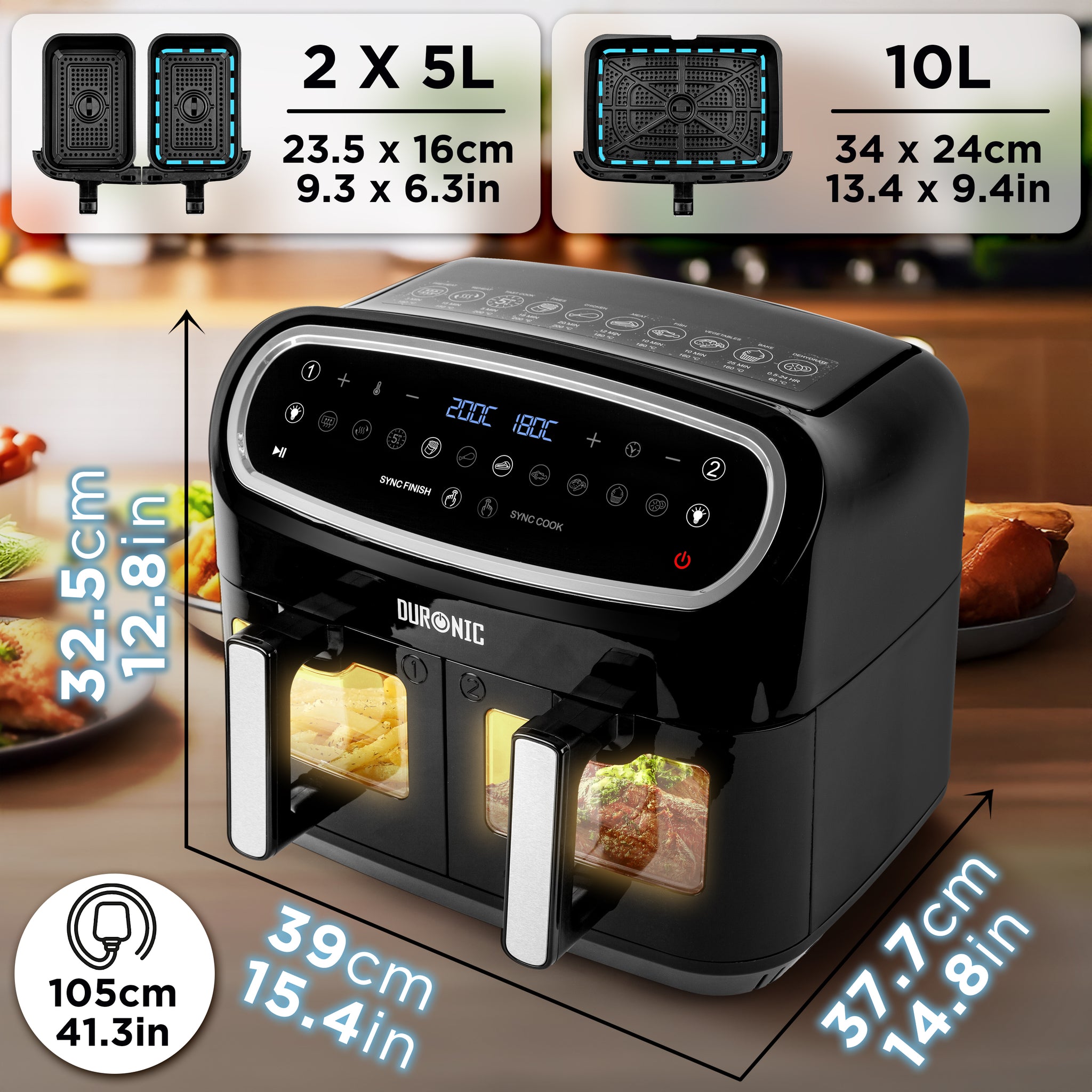 Duronic AF34 BK Friggitrice ad Aria XXL, Air Fryer 2400W Compatta, 2 cestelli da 5L e 1 Cestello da 10L, Friggitrice senza olio 10 in 1, Friggitrice ad aria calda con finestra di controllo