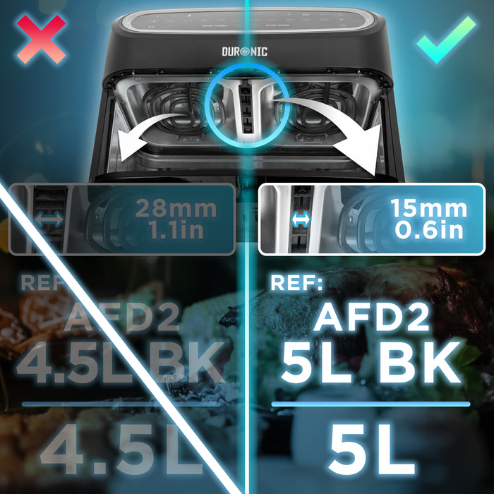 Duronic AFD2 BK 10L Set 2 Cestelli per Friggitrice ad Aria da 5L, Compatibili con Airfryer Duronic AF14, AF24 (nuova generazione) e AF34 – Accessorio Cassetti di Ricambio con Finestra e Luce Interna