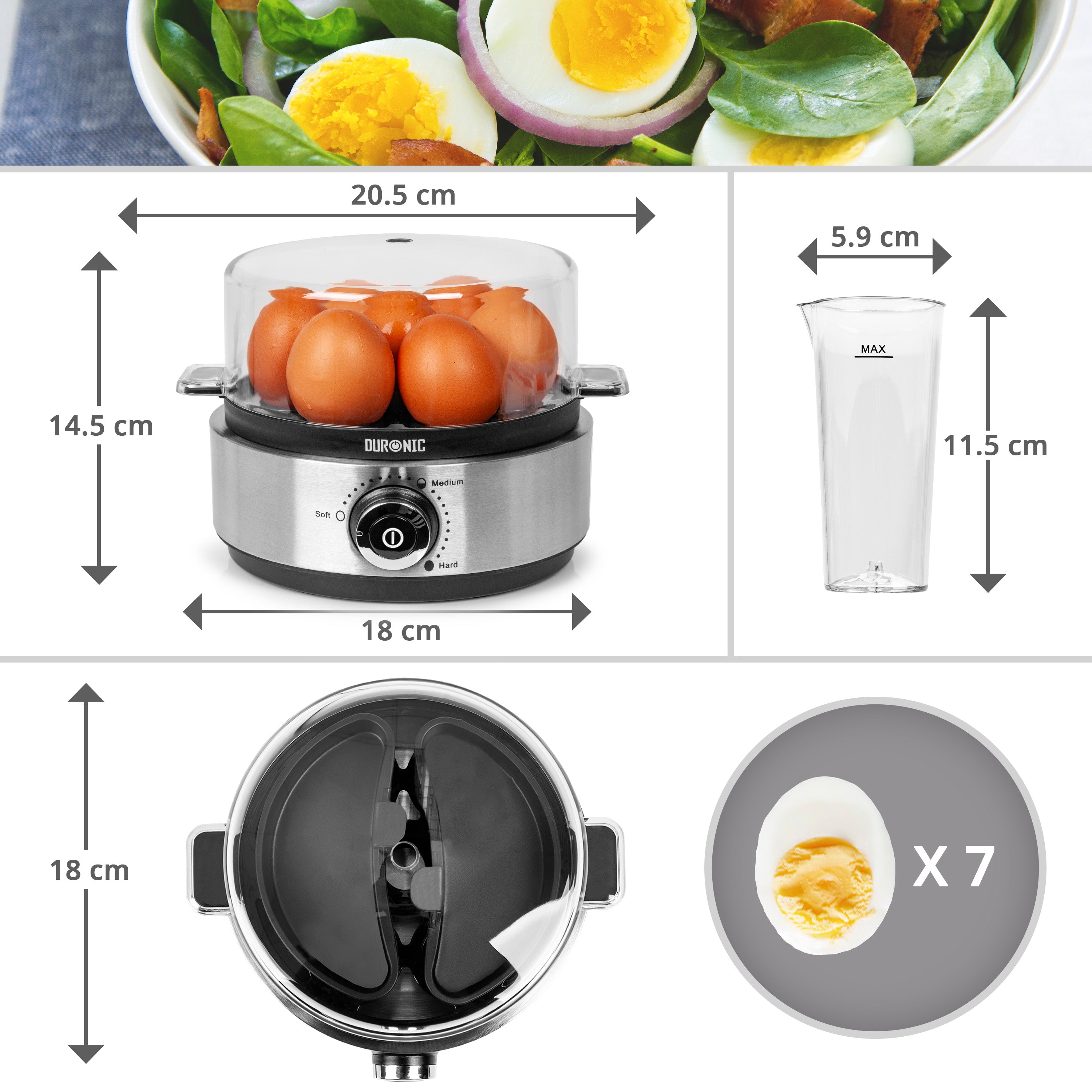 Duronic EB40 BK Cuociuova elettrico, 400W Cuoci uova fino a 7 uova, Bollitore uova per uova Sode Medie Alla coque Cuocitore di Uova, 2 vassoi per Frittata e uovo in camicia, Omelet maker Egg cooker