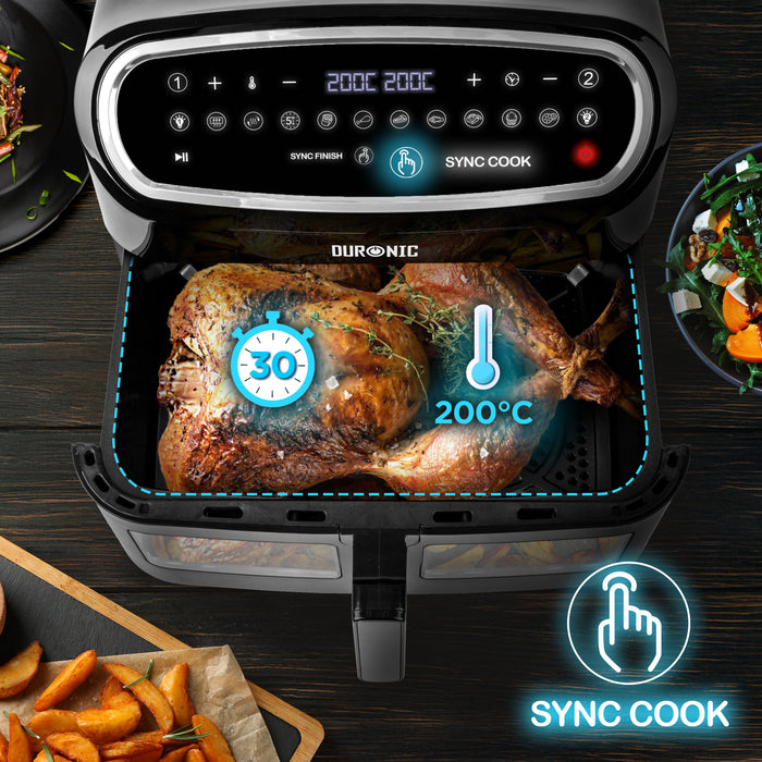 Duronic AF34 BK Friggitrice ad Aria XXL, Air Fryer 2400W Compatta, 2 cestelli da 5L e 1 Cestello da 10L, Friggitrice senza olio 10 in 1, Friggitrice ad aria calda con finestra di controllo