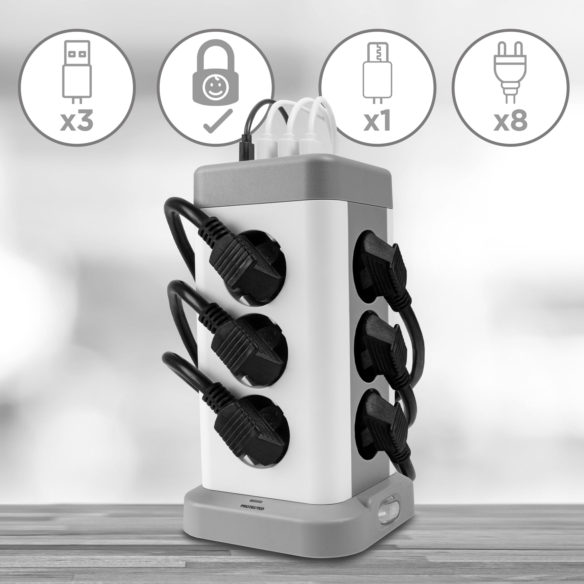 Duronic ET12C Multipresa Torre 3680W con 12 Prese Schuko + 4 USB (USB-A + USB-C), Ciabatta Elettrica Verticale con Protezione Sovraccarico e Cavo 1.8m, Torre Multipresa USB Casa Ufficio Gaming TV