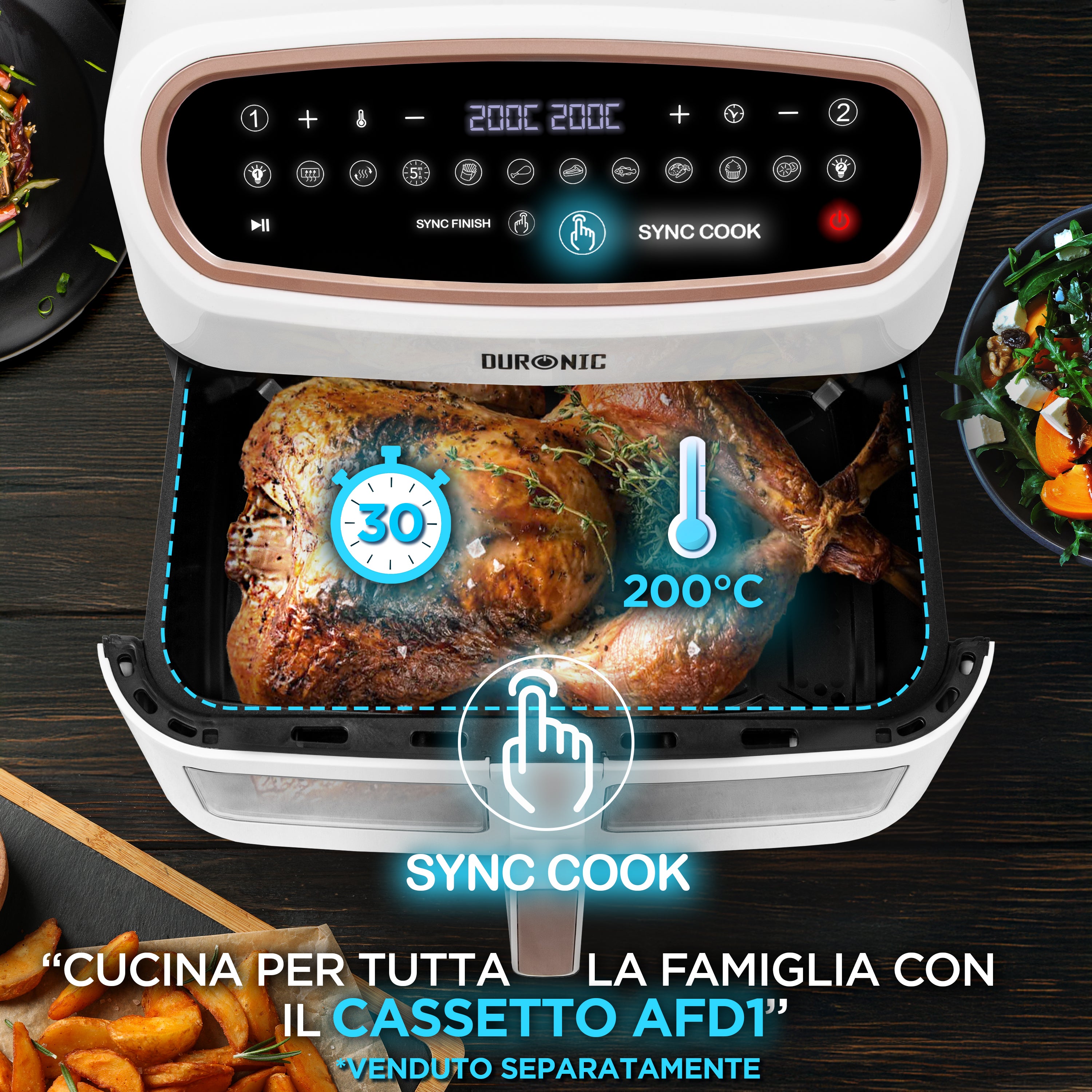 Duronic AF34 WG Friggitrice ad Aria extra grande, Air Fryer 2400W, 2 cestelli da 5L e 1 Cestello da 10L, Friggitrice senza olio 10in1, Friggitrice ad aria calda con finestra di controllo, Friggitrice