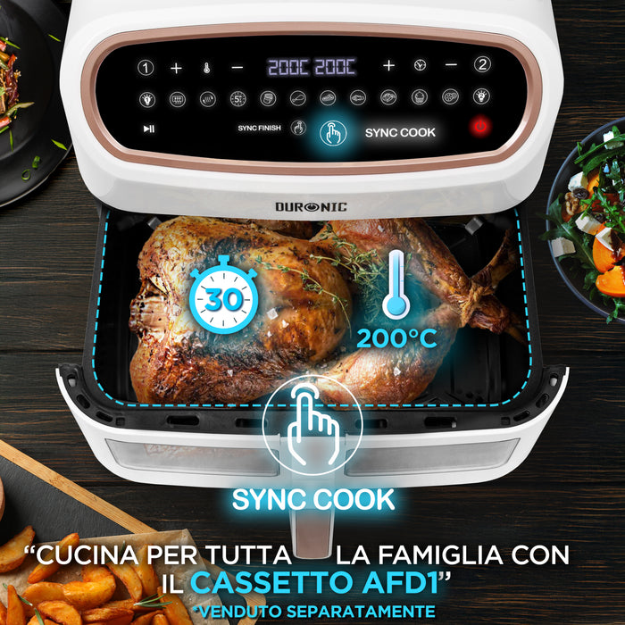 Duronic AF34 WG Friggitrice ad Aria extra grande, Air Fryer 2400W, 2 cestelli da 5L e 1 Cestello da 10L, Friggitrice senza olio 10in1, Friggitrice ad aria calda con finestra di controllo, Friggitrice