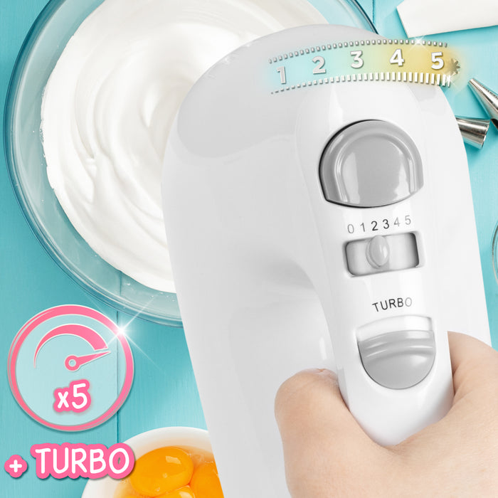 Duronic HM4 WE Sbattitore elettrico 400 W, Mixer 5 velocità e funzione turbo, Frusta elettrica con contenitore per accessori, 2 sbattitori 2 ganci e 1 frusta in acciaio INOX, Nero, Leggero