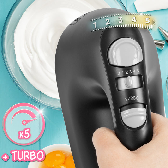 Duronic HM4 BK Sbattitore elettrico 400 W, Mixer 5 velocità e funzione turbo, Frusta elettrica con contenitore per accessori, 2 sbattitori 2 ganci e 1 frusta in acciaio INOX, Nero, Leggero