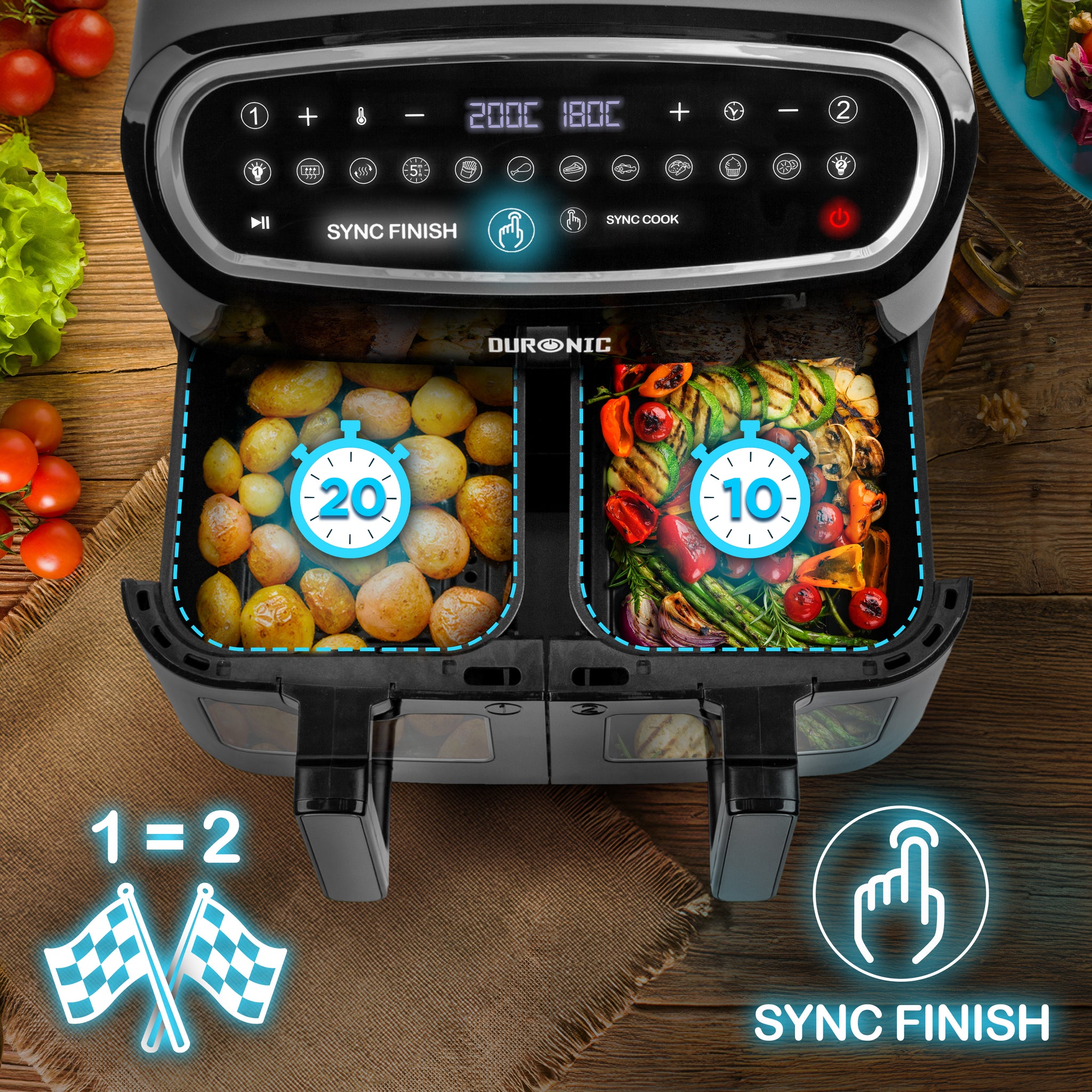 Duronic AF34 BK Friggitrice ad Aria XXL, Air Fryer 2400W Compatta, 2 cestelli da 5L e 1 Cestello da 10L, Friggitrice senza olio 10 in 1, Friggitrice ad aria calda con finestra di controllo