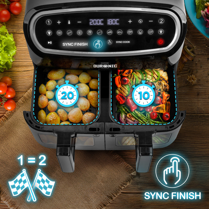 Duronic AF34 BK Friggitrice ad Aria XXL, Air Fryer 2400W Compatta, 2 cestelli da 5L e 1 Cestello da 10L, Friggitrice senza olio 10 in 1, Friggitrice ad aria calda con finestra di controllo