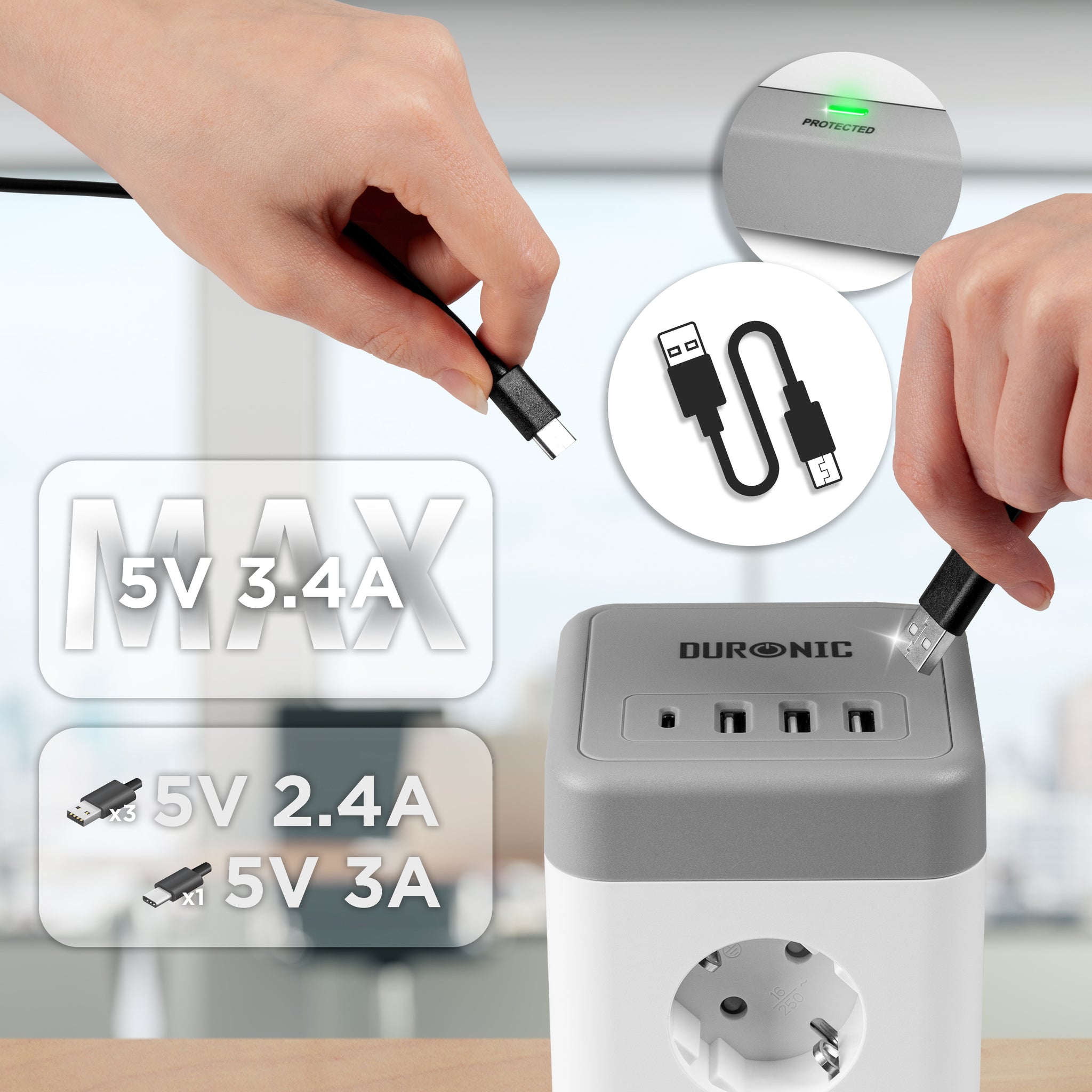 Duronic ET12C Multipresa Torre 3680W con 12 Prese Schuko + 4 USB (USB-A + USB-C), Ciabatta Elettrica Verticale con Protezione Sovraccarico e Cavo 1.8m, Torre Multipresa USB Casa Ufficio Gaming TV