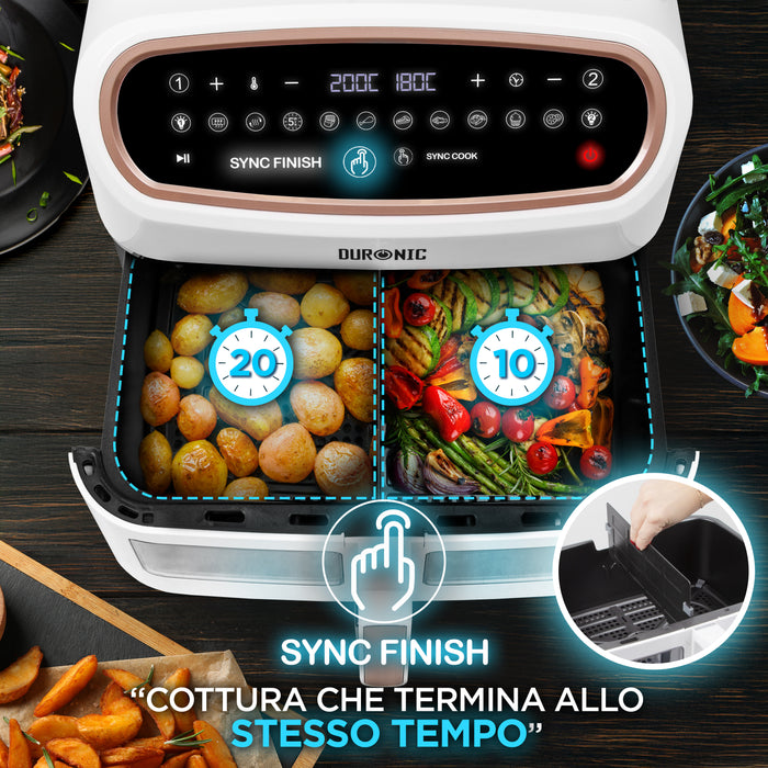 Duronic AF34 WG Friggitrice ad Aria extra grande, Air Fryer 2400W, 2 cestelli da 5L e 1 Cestello da 10L, Friggitrice senza olio 10in1, Friggitrice ad aria calda con finestra di controllo, Friggitrice