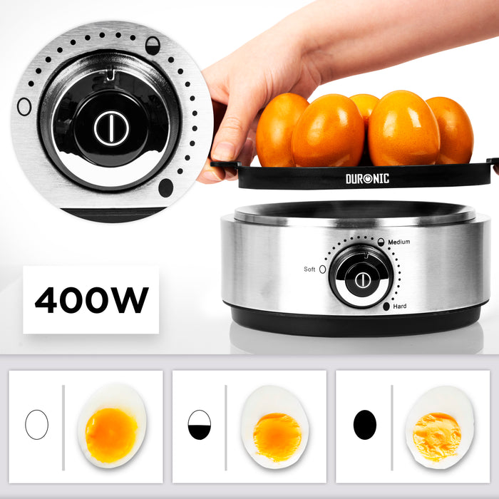 Duronic EB40 BK Cuociuova elettrico, 400W Cuoci uova fino a 7 uova, Bollitore uova per uova Sode Medie Alla coque Cuocitore di Uova, 2 vassoi per Frittata e uovo in camicia, Omelet maker Egg cooker