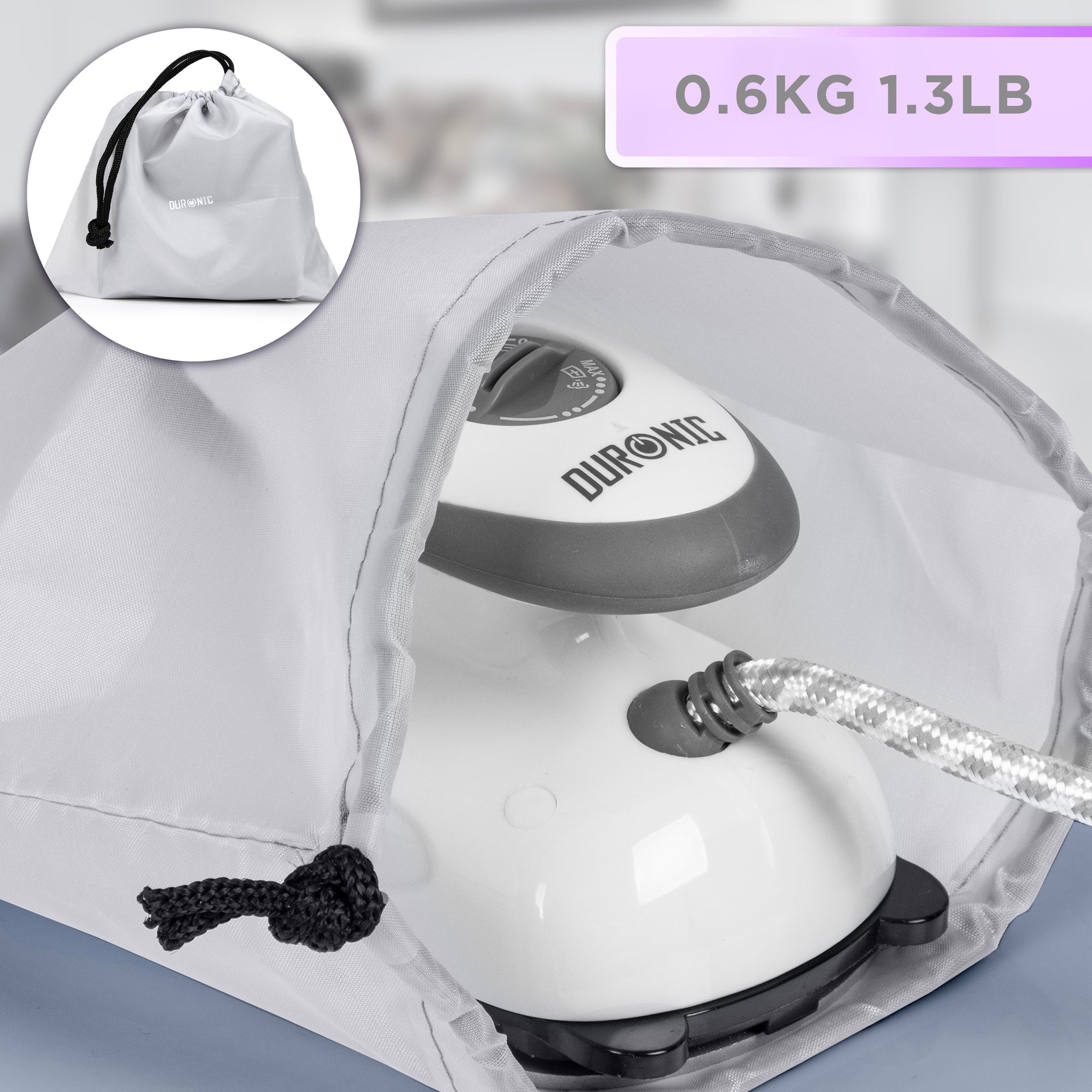 Duronic SI2 WE Mini Ferro da Stiro, Ferro da viaggio a vapore 375 W, Serbatoio 50ml, Steamer portatile con spazzola e borsello da viaggio, Ferro a vapore per lavori di cucito, quilting, Bianco
