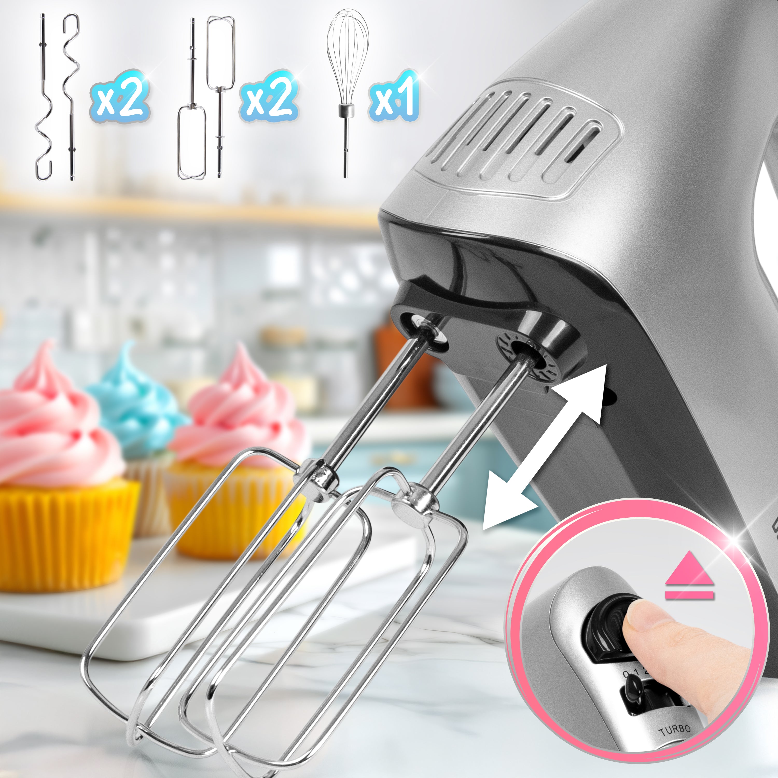 Duronic HM4 SR Sbattitore elettrico 400 W, Mixer 5 velocità e funzione turbo, Frusta elettrica con contenitore per accessori, 2 sbattitori 2 ganci e 1 frusta in acciaio INOX, Nero, Leggero