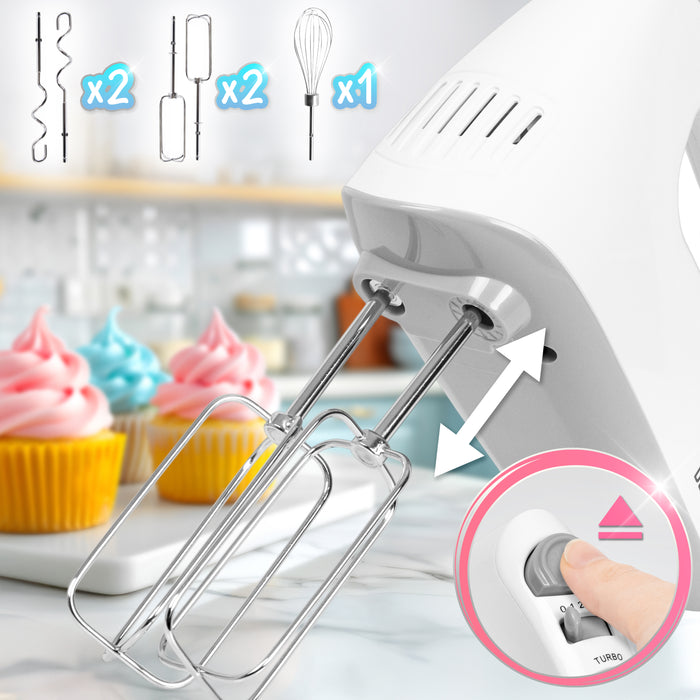 Duronic HM4 WE Sbattitore elettrico 400 W, Mixer 5 velocità e funzione turbo, Frusta elettrica con contenitore per accessori, 2 sbattitori 2 ganci e 1 frusta in acciaio INOX, Nero, Leggero