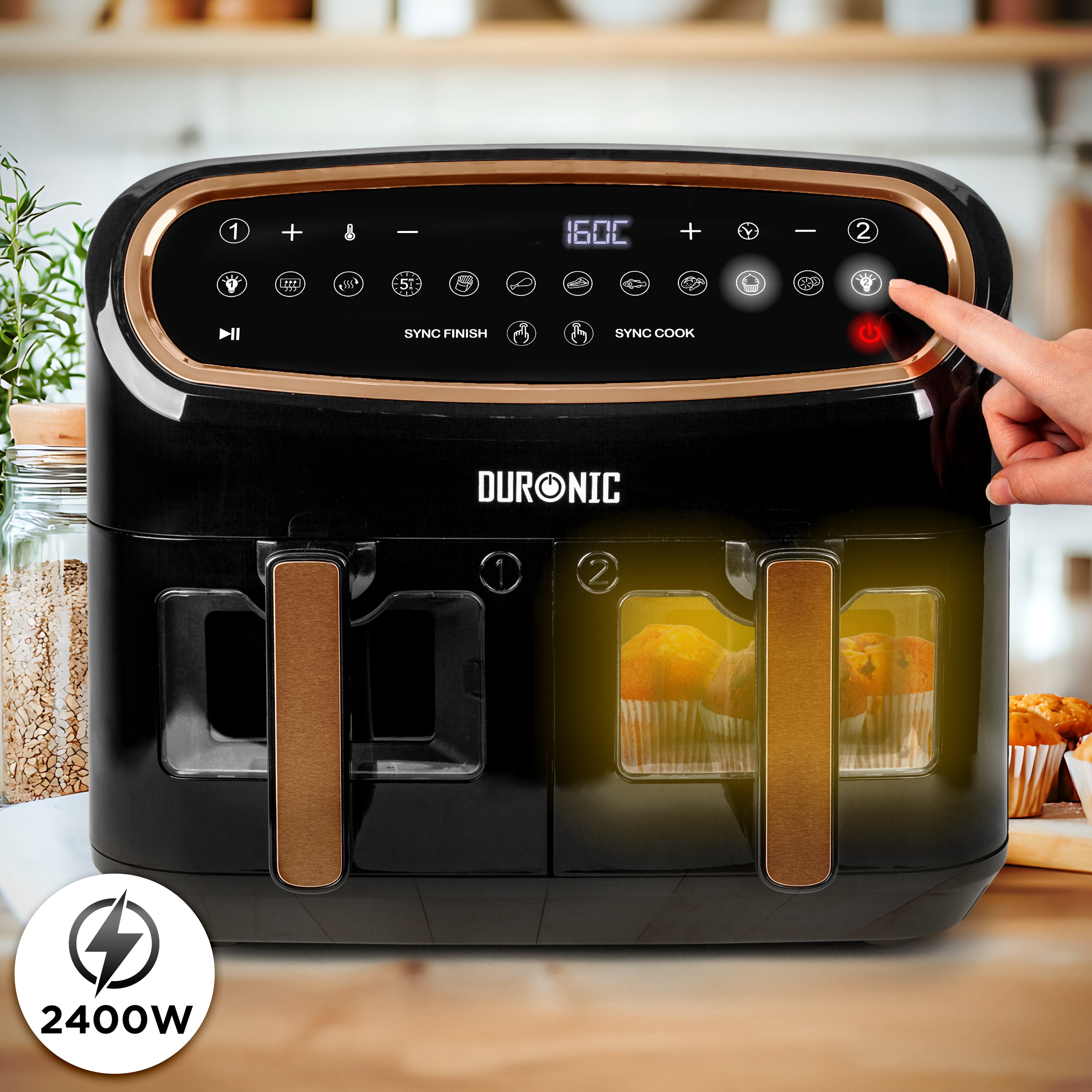 Duronic AF34 BG Friggitrice ad Aria, Air Fryer 2400W Compatta, Friggitrice con cestello grande 10L, Friggitrice senza olio 10in1, Friggitrice per patatine, pollo, verdure, cotolette, polpette, pesce