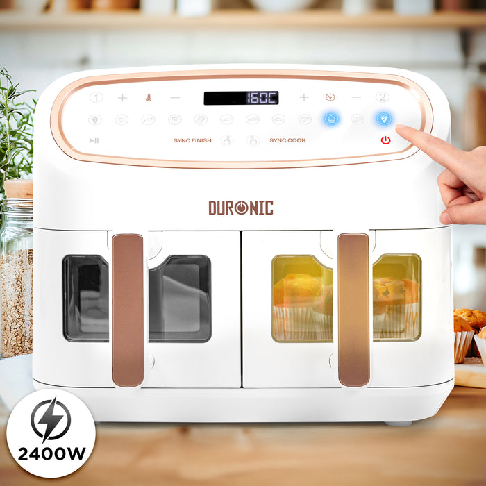 Duronic AF34 WE Friggitrice ad Aria extra grande, Air Fryer 2400W, 2 cestelli da 5L e 1 Cestello da 10L, Friggitrice senza olio 10in1, Friggitrice ad aria calda con finestra di controllo, Friggitrice
