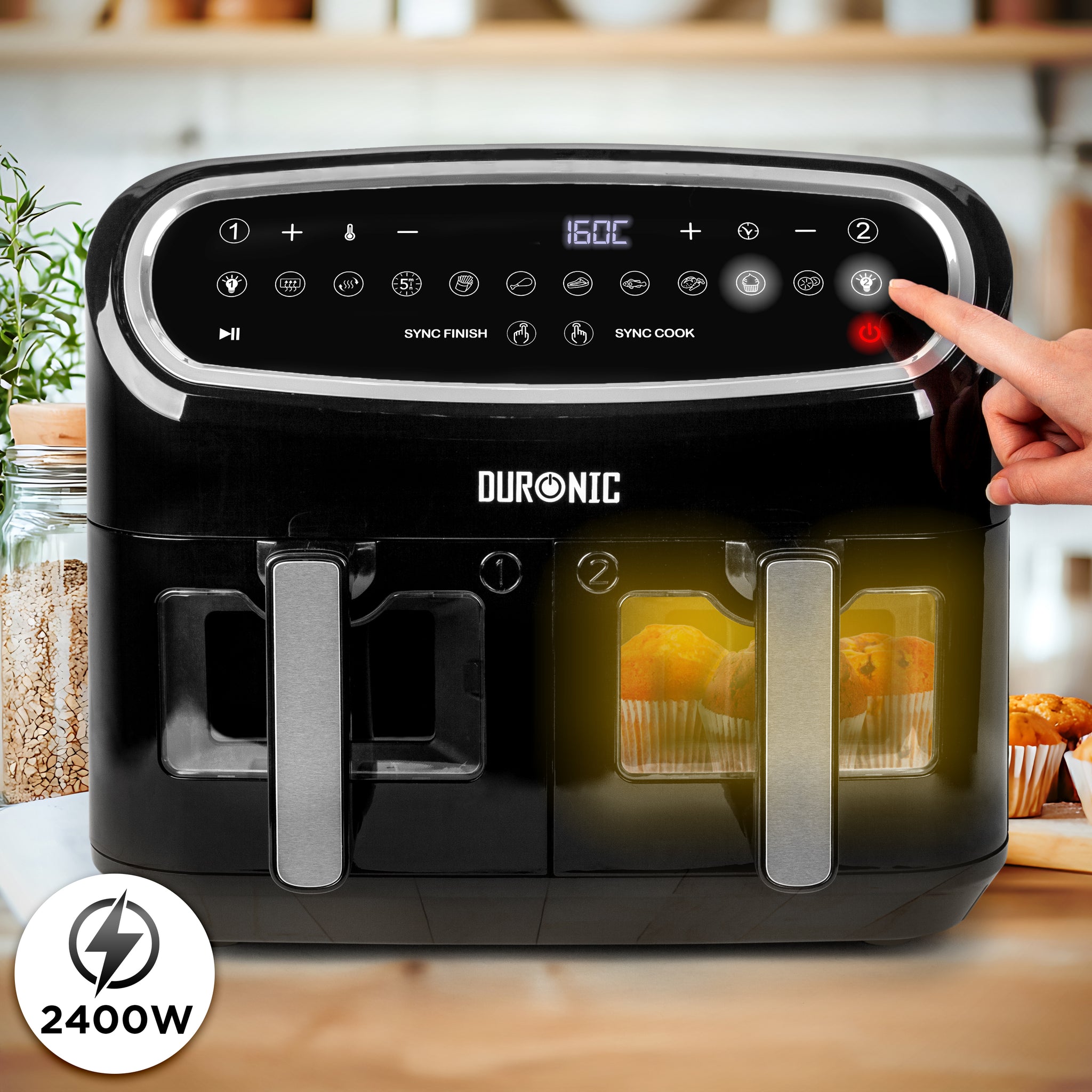 Duronic AF34 BK Friggitrice ad Aria XXL, Air Fryer 2400W Compatta, 2 cestelli da 5L e 1 Cestello da 10L, Friggitrice senza olio 10 in 1, Friggitrice ad aria calda con finestra di controllo