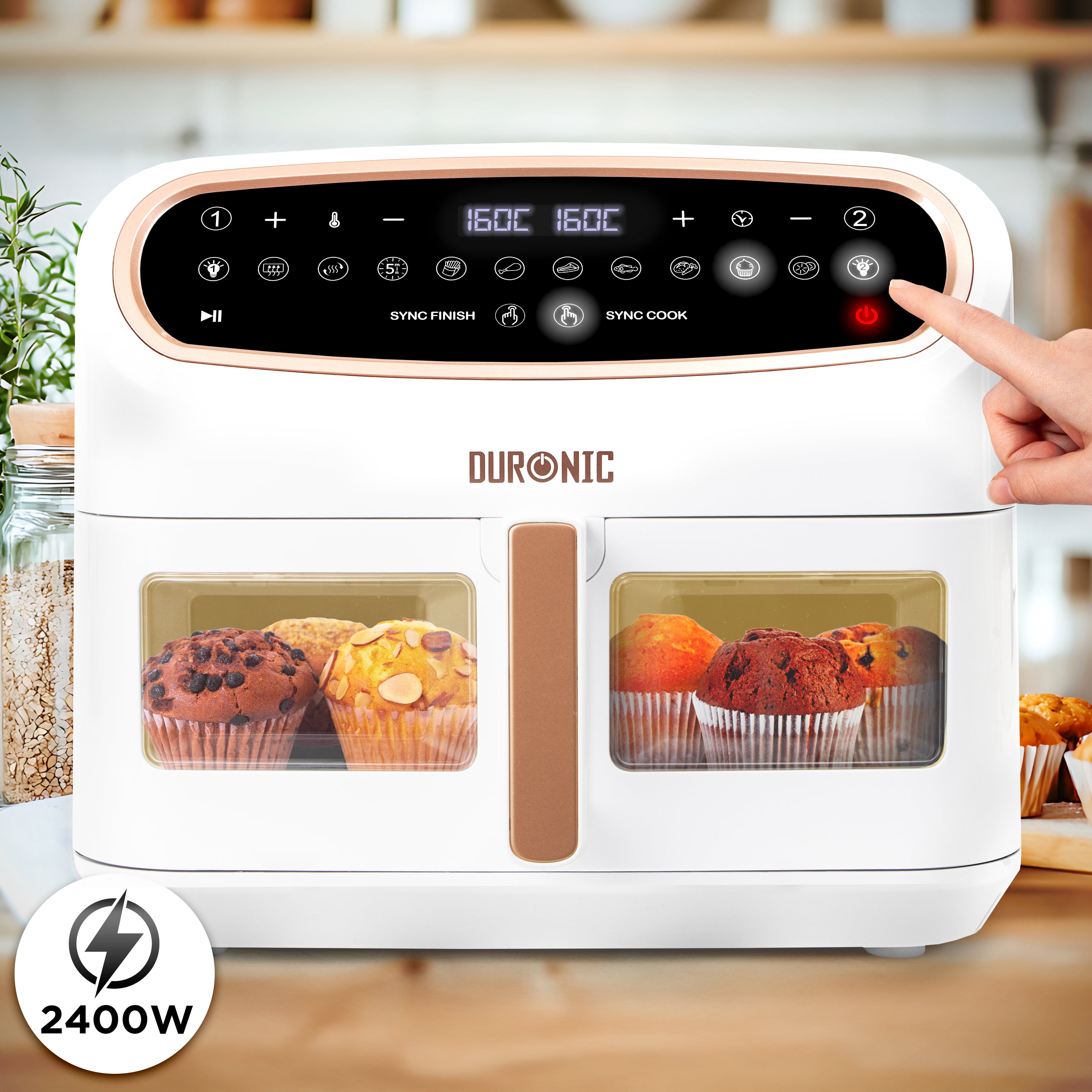 Duronic AF34 WG Friggitrice ad Aria extra grande, Air Fryer 2400W, 2 cestelli da 5L e 1 Cestello da 10L, Friggitrice senza olio 10in1, Friggitrice ad aria calda con finestra di controllo, Friggitrice