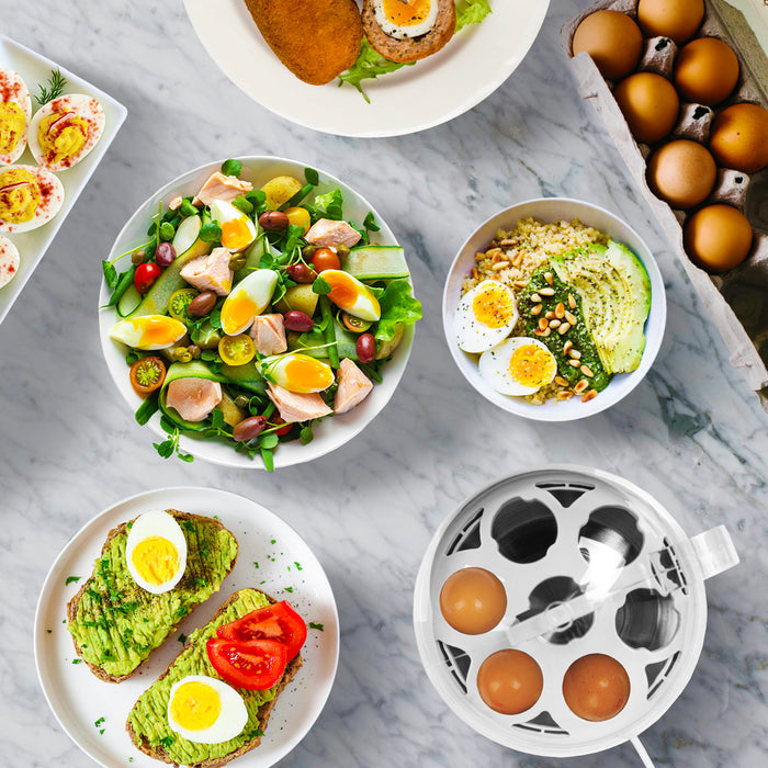 Duronic EB27 WE Cuociuova 400W, Fino a 7 uova, Sode, alla coque o medie, Cuoci uova, Bollitore uova con Funzione mantenimento in caldo, Misurino e coppette per cottura in camicia