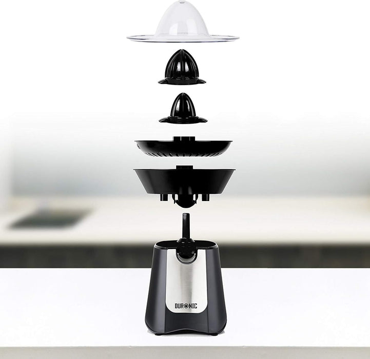 Duronic JE6 BK Spremiagrumi elettrico 100W, Estrattore, Spremiagrumi automatico con filtro, Spremitore con 2 coni, per succo di arancia limone lime pompelmo, Beccuccio anti-goccia