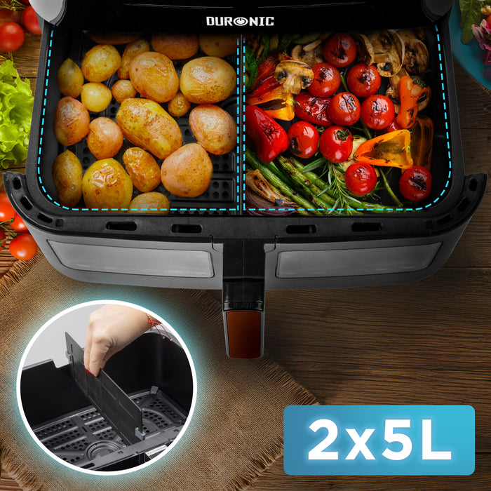 Duronic AFD1 BG Cassetto grande per friggitrice ad aria Duronic AF14, AF24 e AF34, Vassoio di cottura 10L, Contenitore per friggitrice ad aria a doppia zona, Carne sana, Opzione Sync Cook, Nero e Oro
