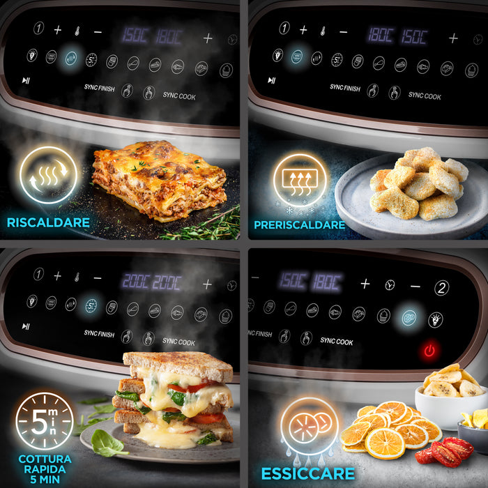 Duronic AF34 WG Friggitrice ad Aria extra grande, Air Fryer 2400W, 2 cestelli da 5L e 1 Cestello da 10L, Friggitrice senza olio 10in1, Friggitrice ad aria calda con finestra di controllo, Friggitrice