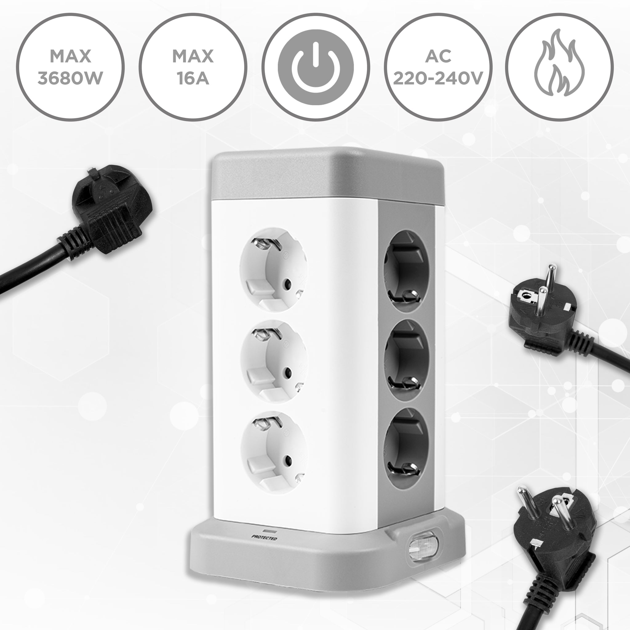 Duronic ET12C Multipresa Torre 3680W con 12 Prese Schuko + 4 USB (USB-A + USB-C), Ciabatta Elettrica Verticale con Protezione Sovraccarico e Cavo 1.8m, Torre Multipresa USB Casa Ufficio Gaming TV