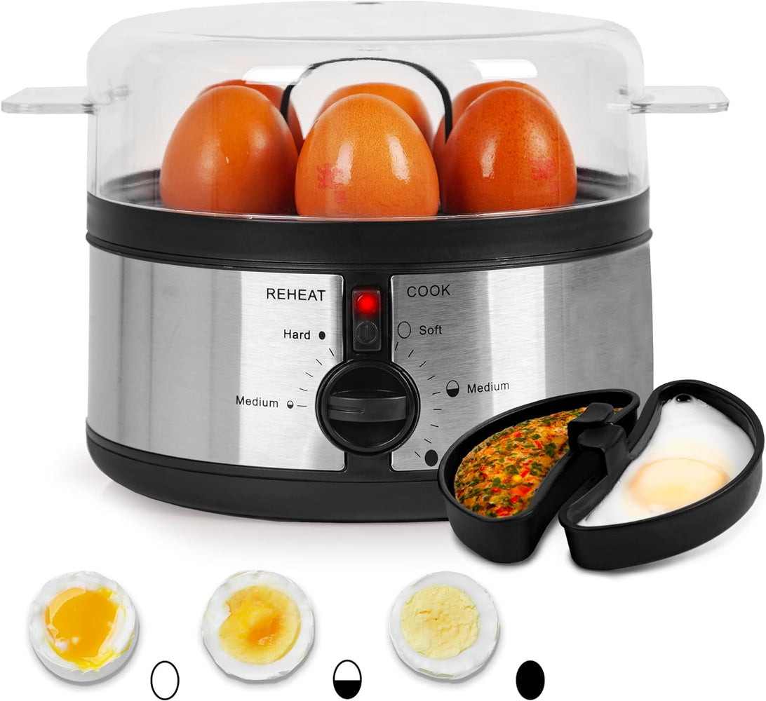 Duronic EB35 BK Cuociuova elettrico, 350W Cuoci uova fino a 7 uova, Bollitore uova per uova Sode Medie Alla coque, Cuocitore di Uova con 2 vassoi per Frittata uovo in camicia Omelet maker, Egg cooker