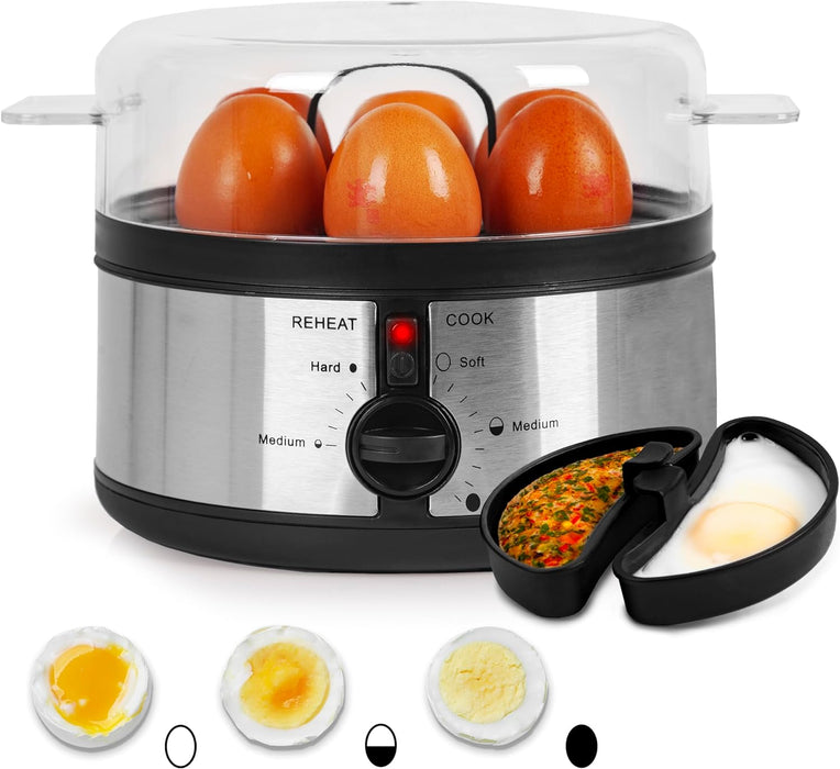 Duronic EB35 BK Cuociuova elettrico, 350W Cuoci uova fino a 7 uova, Bollitore uova per uova Sode Medie Alla coque, Cuocitore di Uova con 2 vassoi per Frittata uovo in camicia Omelet maker, Egg cooker