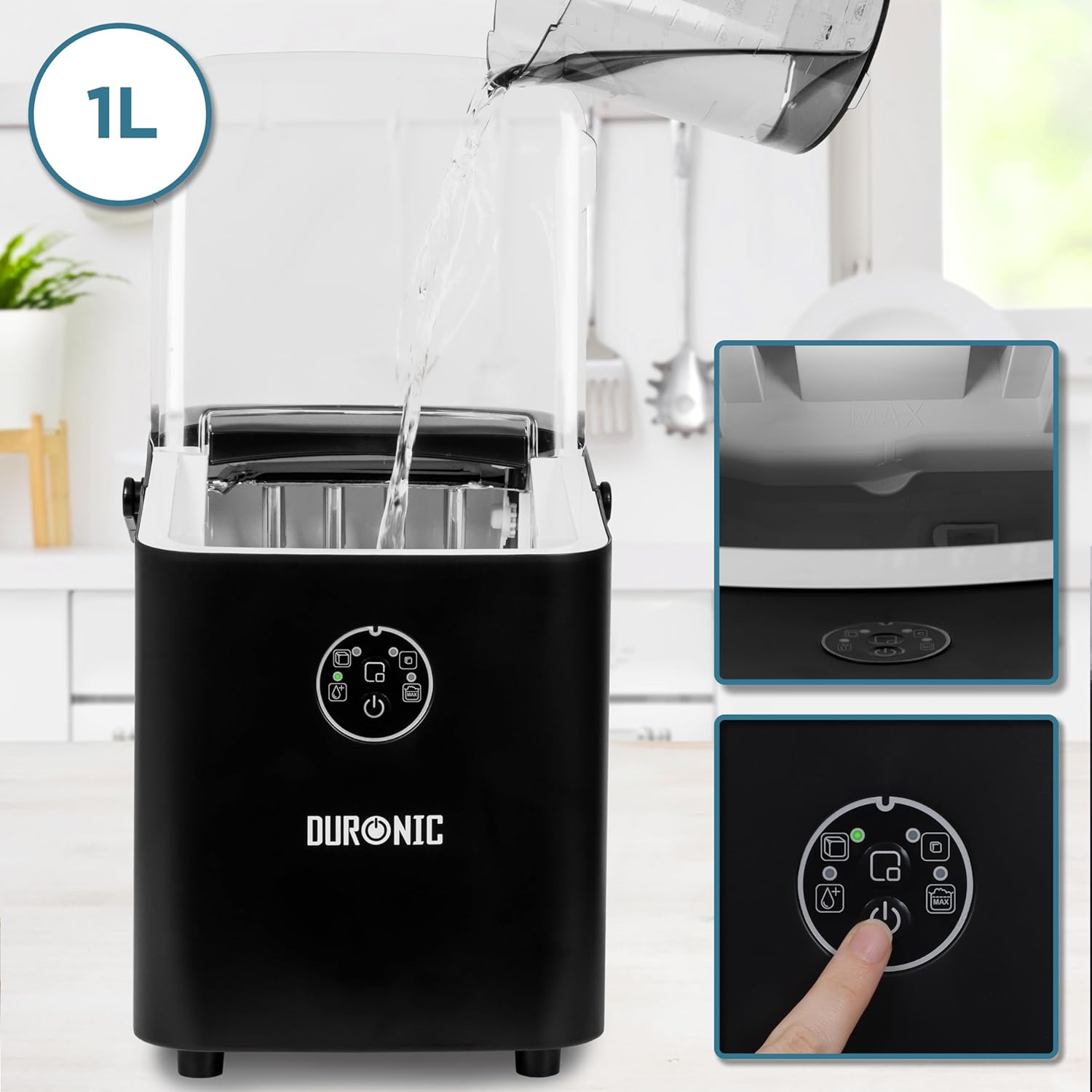 Duronic ICM12 BK Macchina per cubetti di ghiaccio 120W | 12 kg in 24h | Ghiaccio pronto in 7 min | Funzione autopulente | Serbatoio da 1 L Paletta inclusa | Maniglia per trasporto