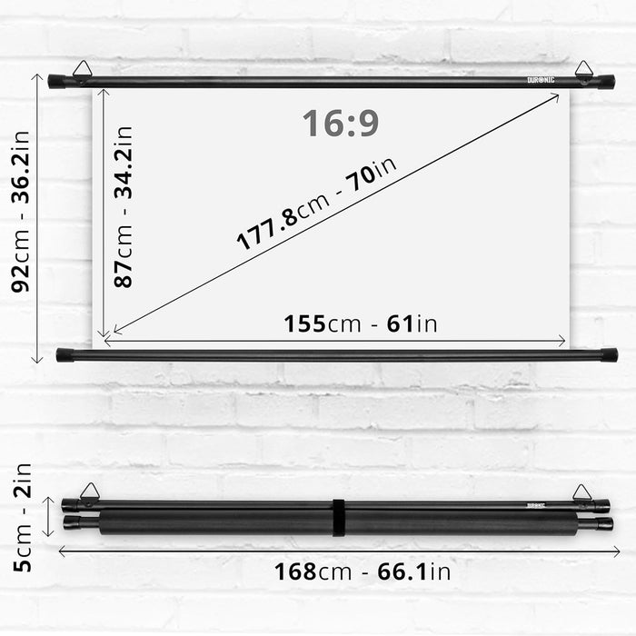 Duronic BPS70 16:9 Telo Proiettore 70 pollici, Schermo per proiettore, Telo da proiezione interno esterno, Home theater cinema Full HD 3D 4K, Schermo di proiezione anti pieghe per casa ufficio scuola