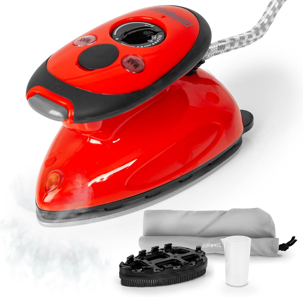 Duronic SI2 RD Mini Ferro da Stiro, Ferro da viaggio a vapore 375 W, Serbatoio 50ml, Steamer portatile con spazzola e borsello da viaggio, Ferro a vapore per lavori di cucito, quilting, Bianco