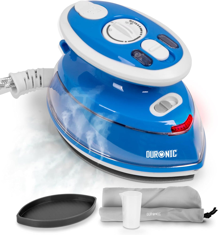 Duronic SI3 BE Mini Ferro da Stiro | Ferro da viaggio a vapore 400W | Serbatoio 35ml | Steamer portatile con base dappoggio e borsello da viaggio | Per lavori di cucito, quilting | Blu