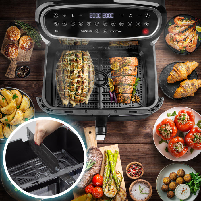 Duronic AF34 BK Friggitrice ad Aria XXL, Air Fryer 2400W Compatta, 2 cestelli da 5L e 1 Cestello da 10L, Friggitrice senza olio 10 in 1, Friggitrice ad aria calda con finestra di controllo