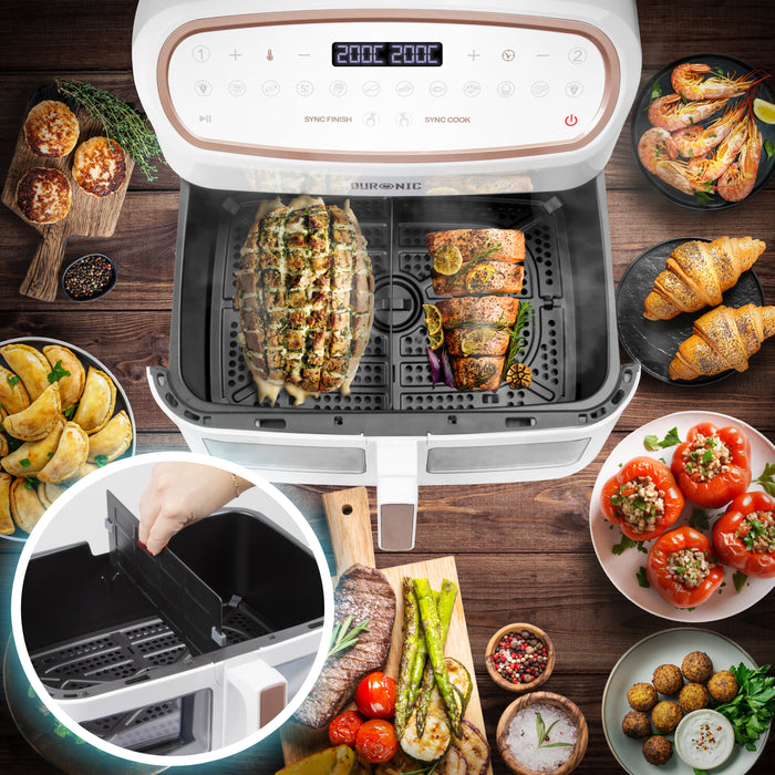 Duronic AF34 WE Friggitrice ad Aria extra grande, Air Fryer 2400W, 2 cestelli da 5L e 1 Cestello da 10L, Friggitrice senza olio 10in1, Friggitrice ad aria calda con finestra di controllo, Friggitrice