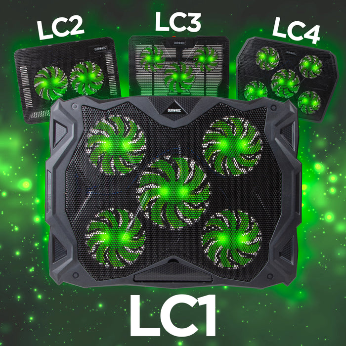 Duronic LC1 Laptop Cooling Pad Raffreddatore ergonomico per laptop con 5 ventole di raffreddamento silenziose, leggero, regolabile in altezza e con luci LED, perfetto per lavoro, studio e il gioco