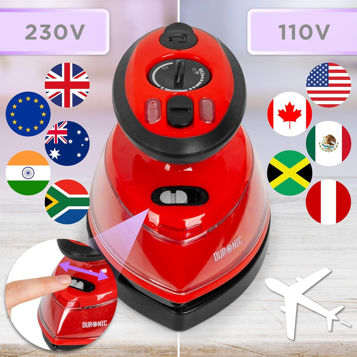 Duronic SI3 RD Mini Ferro da Stiro | Ferro da viaggio a vapore 400W | Serbatoio 35ml | Steamer portatile con base dappoggio e borsello da viaggio | Per lavori di cucito, quilting | Rosso