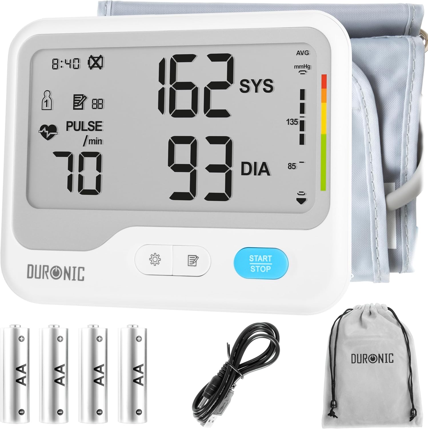 Duronic BPM125 Misuratore di Pressione da Braccio Digitale, Sfigmomanometro Automatico con Bracciale Regolabile, Memoria, Display Luminoso,Rilevazione Aritmie, 4 Batterie AA Incluse