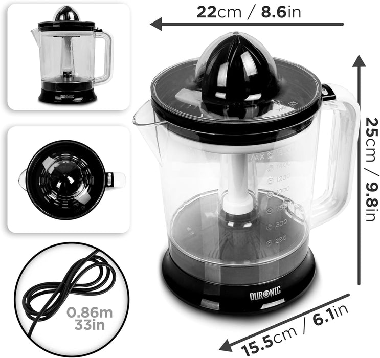 Duronic JE416 Spremiagrumi elettrico 40W, Estrattore 1,6 L, Spremiagrumi automatico con filtro regolabile, Spremitore per agrumi con 2 coni, per succo di arancia limone lime pompelmo