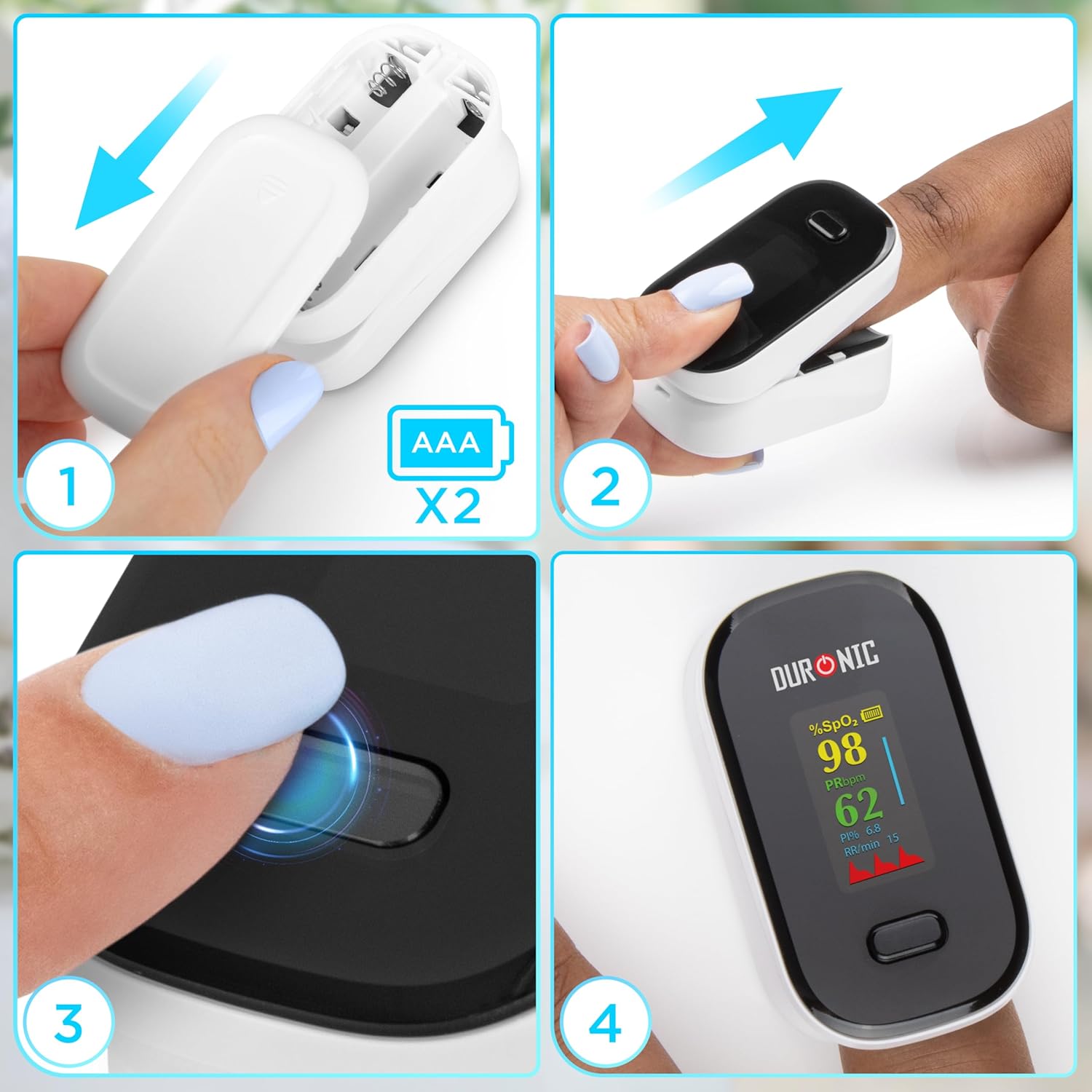 Duronic OX02 Pulsossimetro da Dito Professionale, Saturimetro Portatile con Display LED, Ossimetro Misura Saturazione Ossigeno, Frequenza Cardiaca, Per Anziani, Bambini, Sportivi, Custodia Inclusa