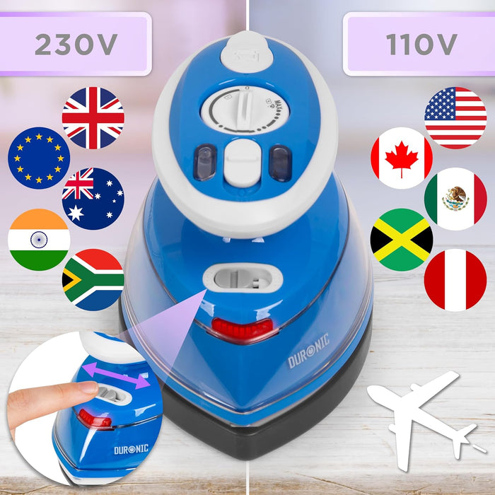 Duronic SI3 BE Mini Ferro da Stiro | Ferro da viaggio a vapore 400W | Serbatoio 35ml | Steamer portatile con base dappoggio e borsello da viaggio | Per lavori di cucito, quilting | Blu